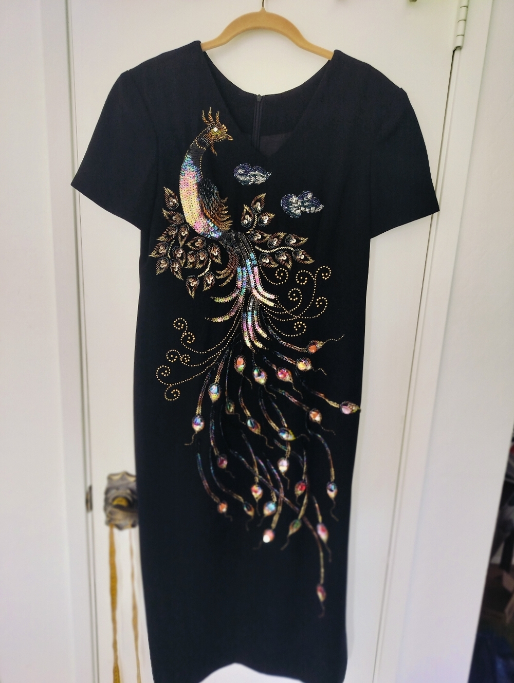 Hand Beaded Hand Sequined Black Zip Back Peacock Dress Side Slit Size Small